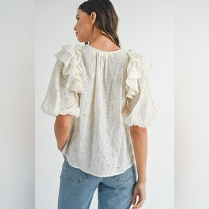 Lace Eyelet Ruffle Shoulder Long Sleeve Blouse